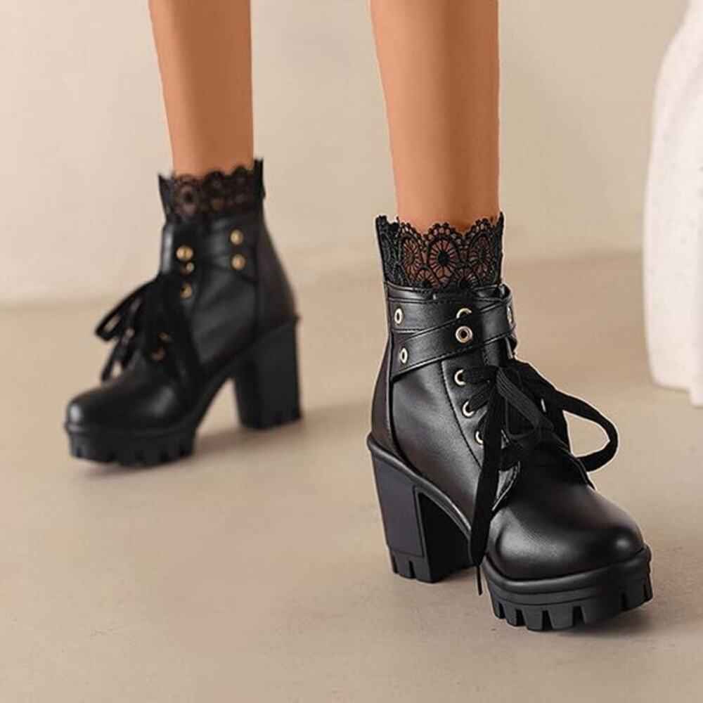 Women's Lace up Belt Buckle Boot Chunky Block High Heel Black Size 8US /39CN